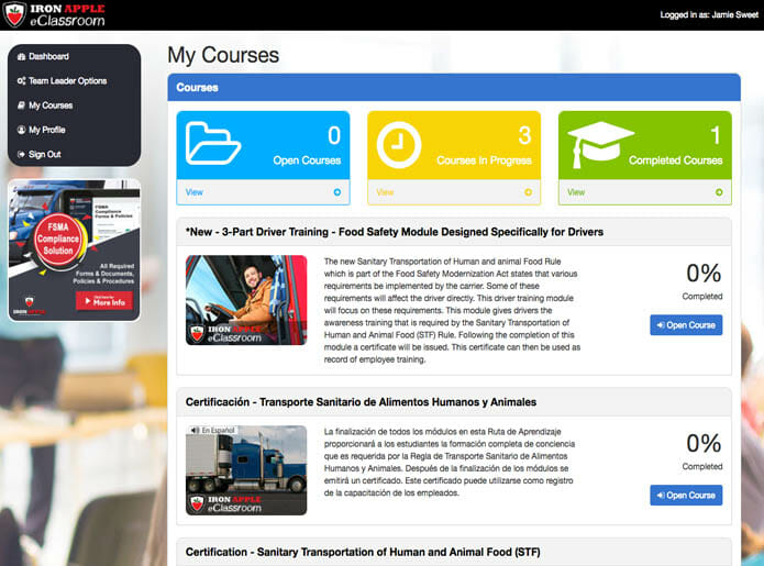 Iron Apple eClassroom - User Dashboard with Course List